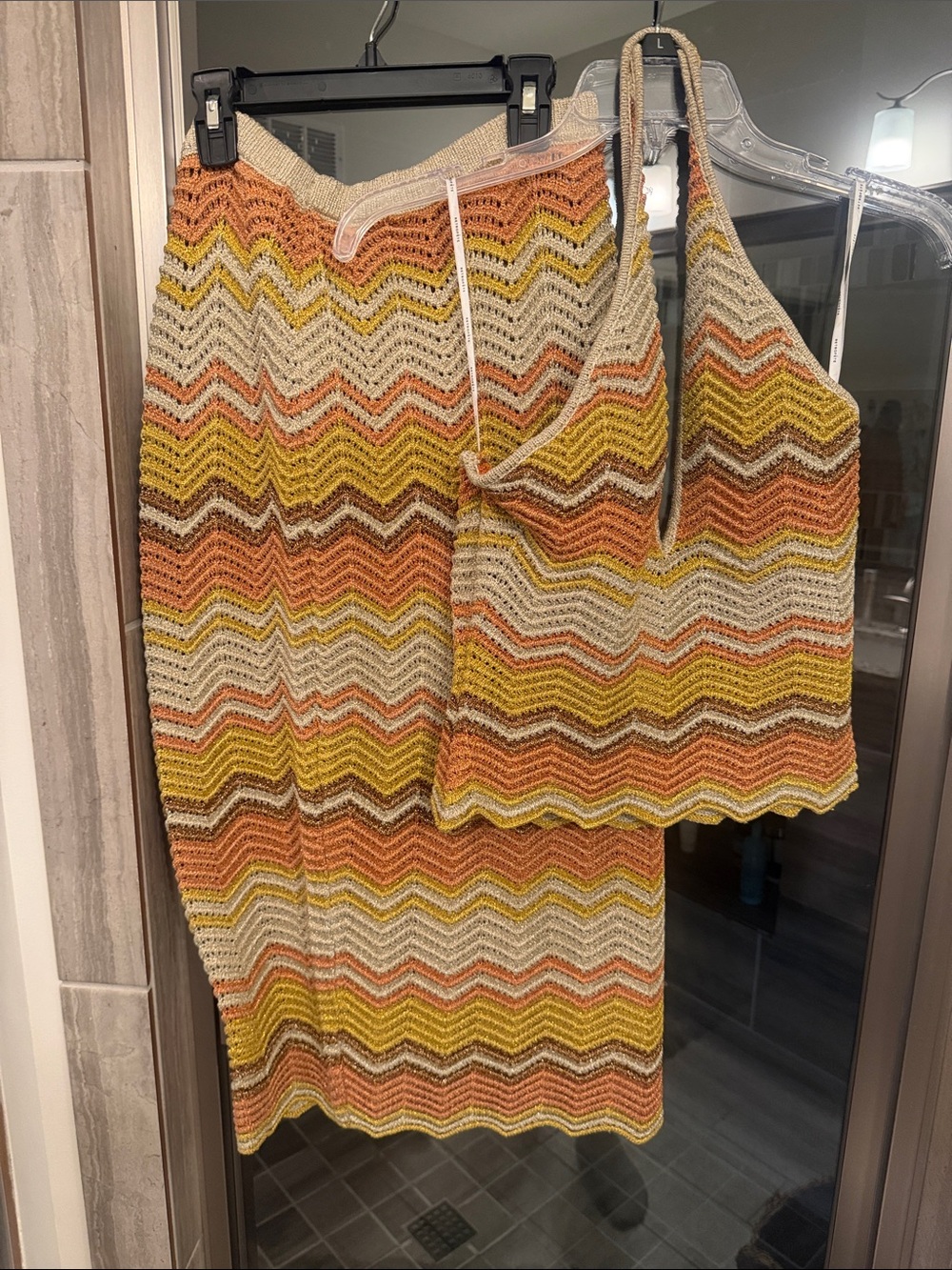Women’s designer Chevron Knit Skirt and Top Set - Yellow, Orange, Cream